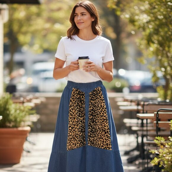 Cervelle Medium Blue Animal Print Stretch Waist Pull On A-Line Maxi Skirt Modest - Picture 1 of 8